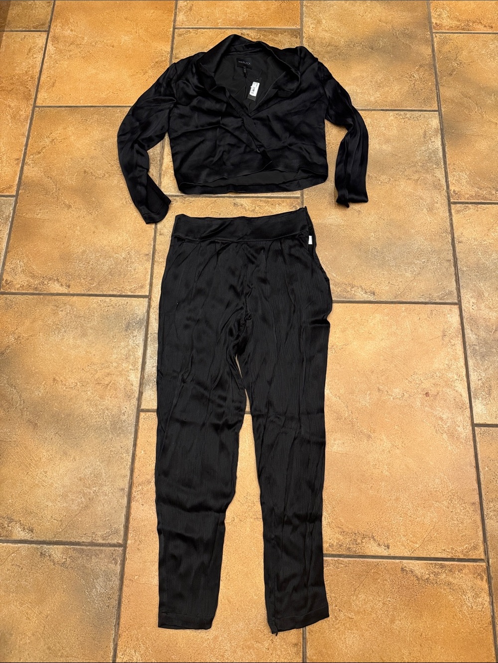 Black Ribbed High-Waist Pants & Cropped Top Set